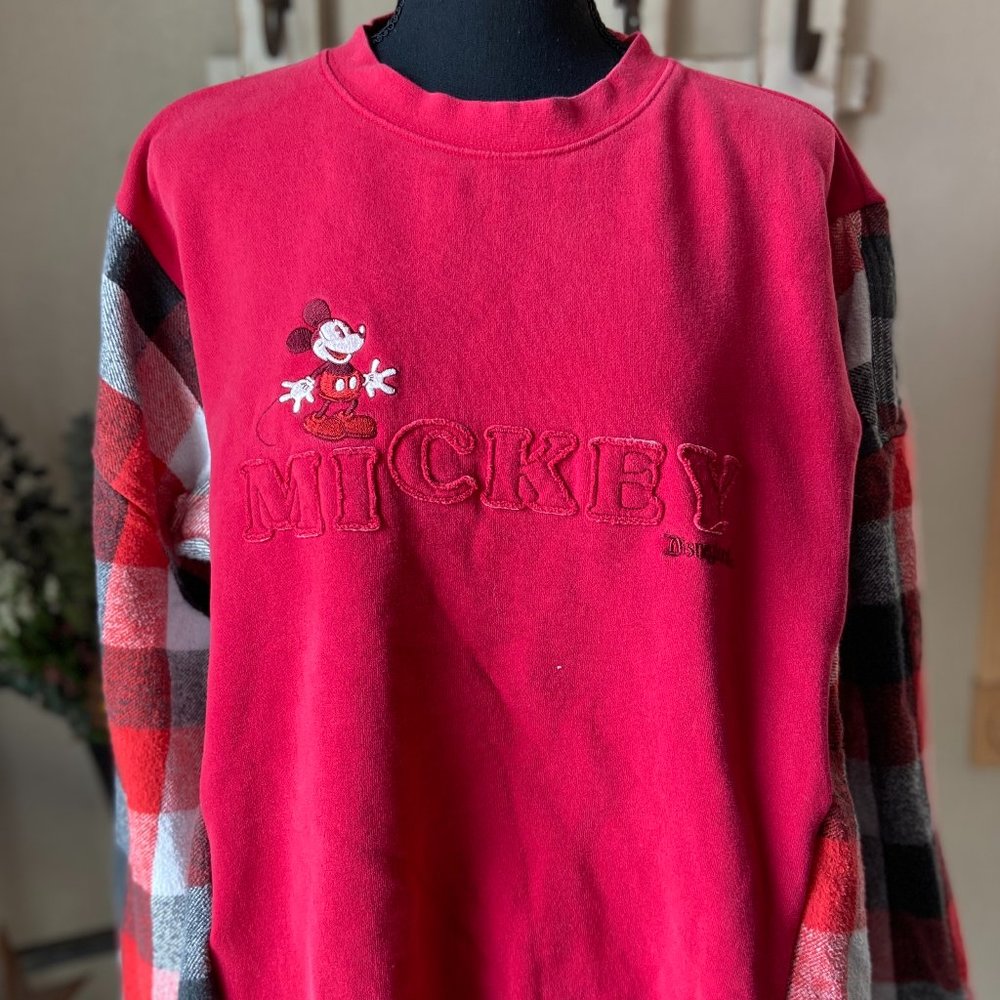 Disney Mickey Mouse Refashioned Upcycled Sweatshirt Flannel ~M/L See Measurement